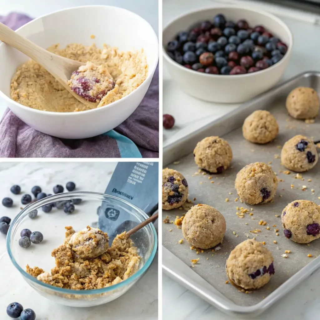 Healthy Blueberry Cheesecake Protein Balls 7 Step-by-step collage showing preparation of Blueberry Cheesecake Protein Balls.