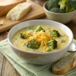 Bowl of creamy broccoli cheddar soup topped with shredded cheese