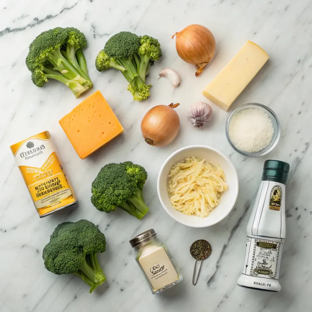 Creamy Broccoli Cheddar Soup – Rich & Cozy Comfort 6 Flat lay of ingredients for creamy broccoli cheddar soup