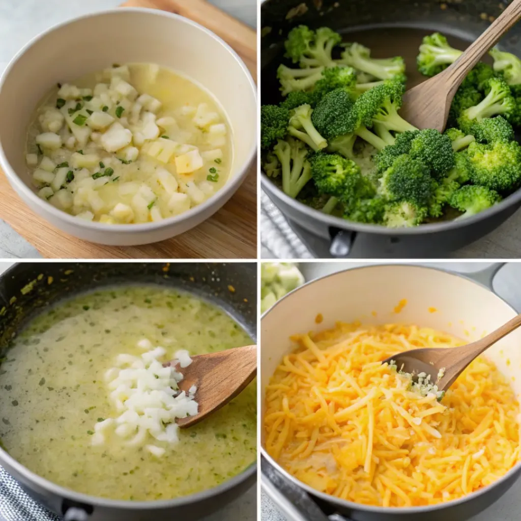 Creamy Broccoli Cheddar Soup – Rich & Cozy Comfort 7 Step-by-step collage of making broccoli cheddar soup
