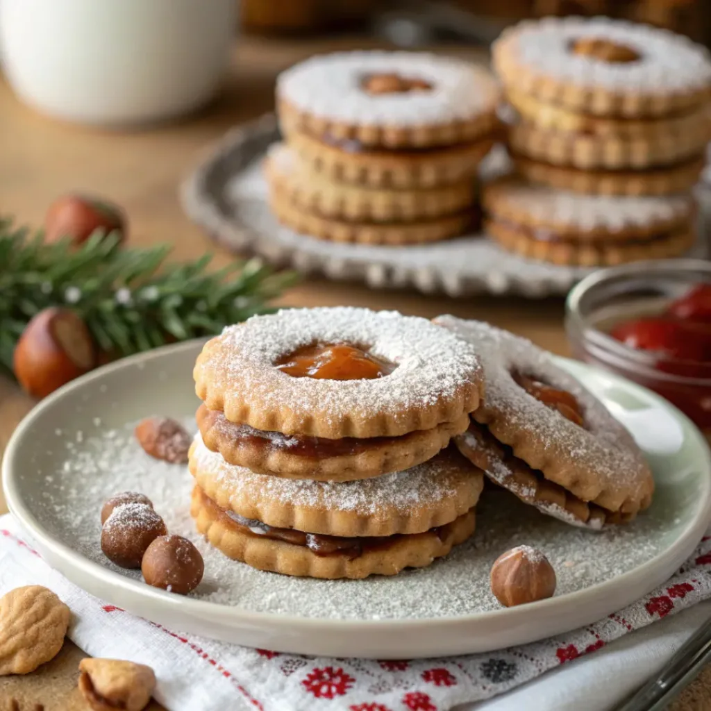 Caramel hazelnut linzer cookies with powdered sugar