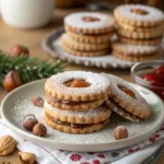 Caramel hazelnut linzer cookies with powdered sugar