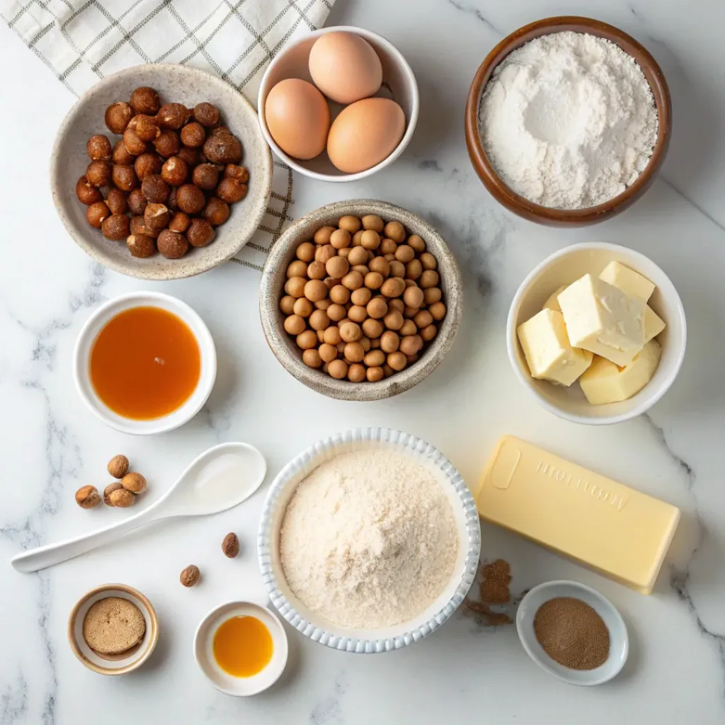Caramel hazelnut linzer cookies ingredients flat lay