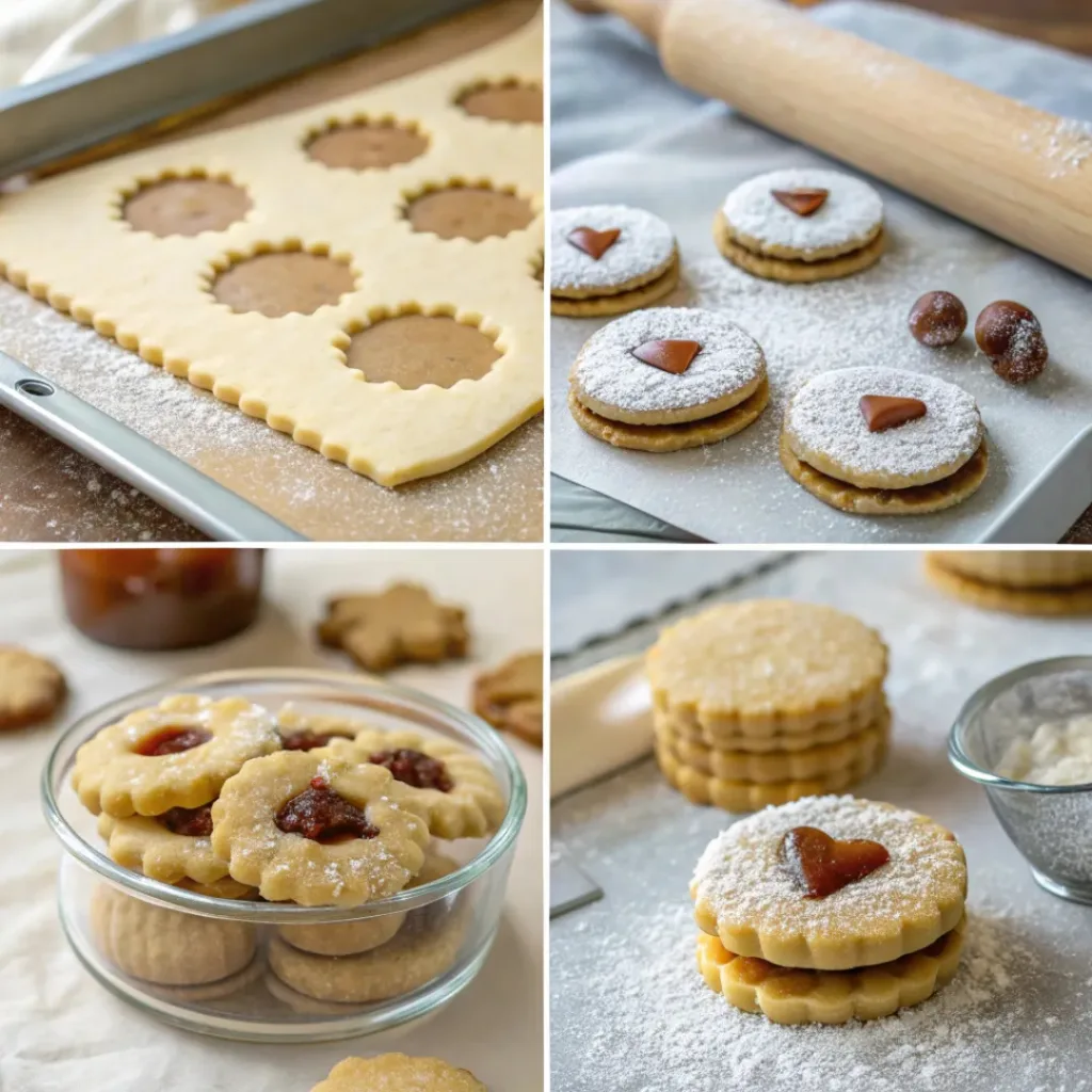 Step-by-step caramel hazelnut linzer cookies process