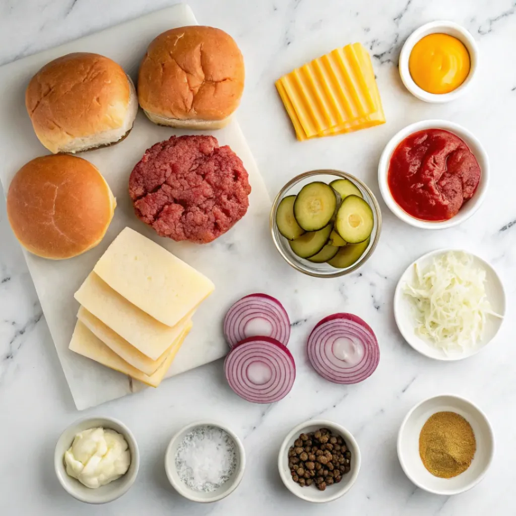 Mini Cheeseburger Sliders – Juicy & Cheesy 6 Cheeseburger sliders ingredients flat lay