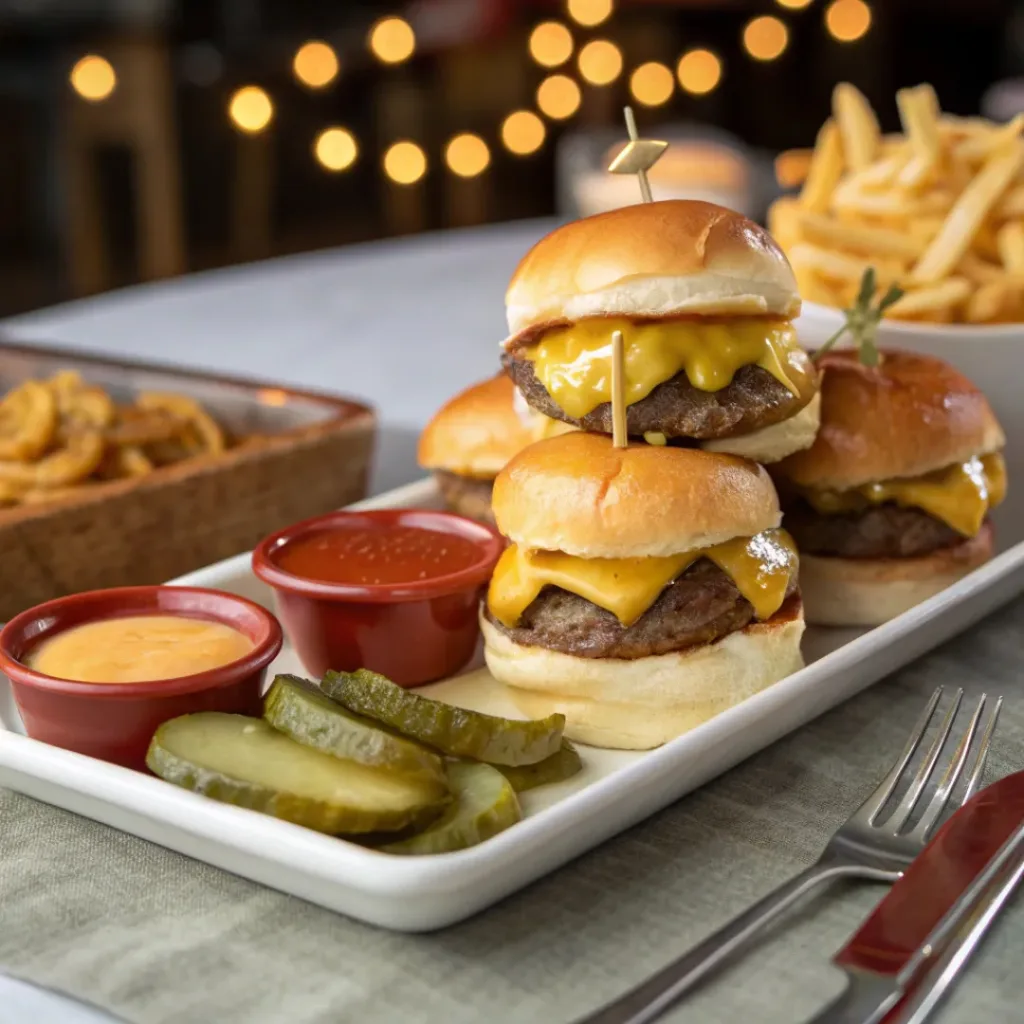 Mini Cheeseburger Sliders – Juicy & Cheesy 8 Cheeseburger sliders served with fries and pickles