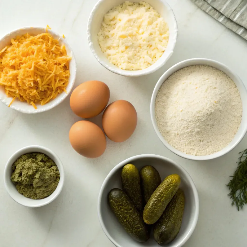 Crispy Cheesy Dill Pickle Chips 6 Cheesy Dill Pickle Chips ingredients flat lay