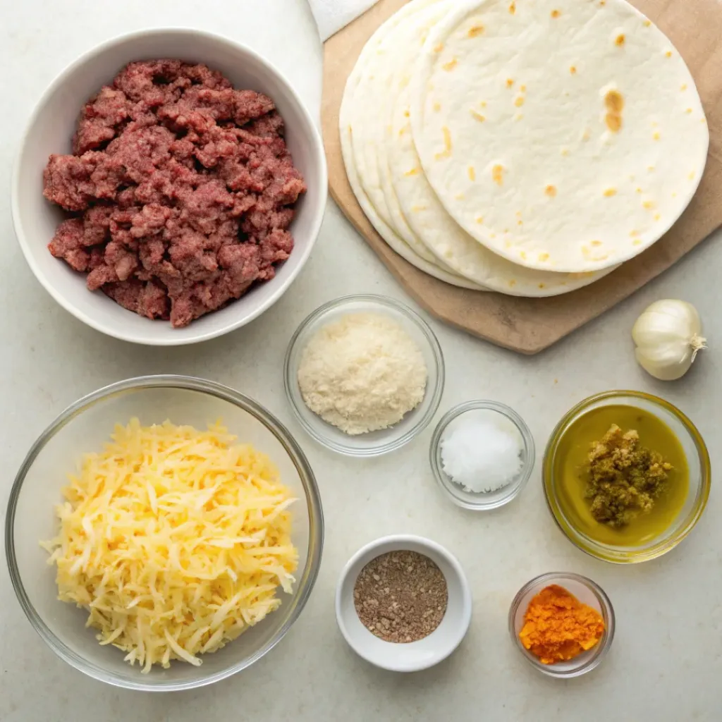 Cheesy Ground Beef Quesadillas – Quick & Family Favorite 6 Cheesy Ground Beef Quesadillas ingredients flat lay