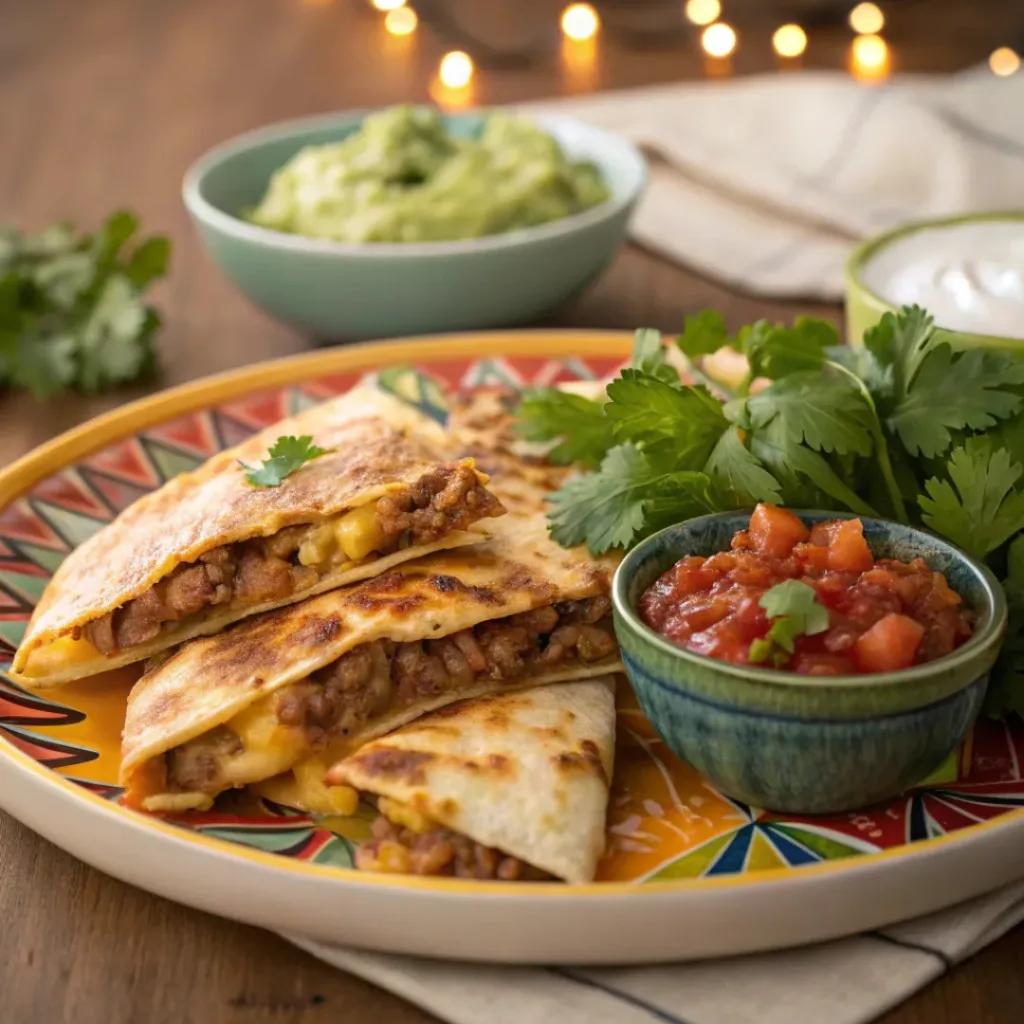 Cheesy Ground Beef Quesadillas – Quick & Family Favorite 8 Cheesy Ground Beef Quesadillas served with dips