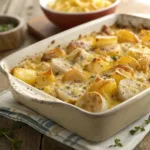 Close-up of cheesy ranch roasted potatoes in a baking dish