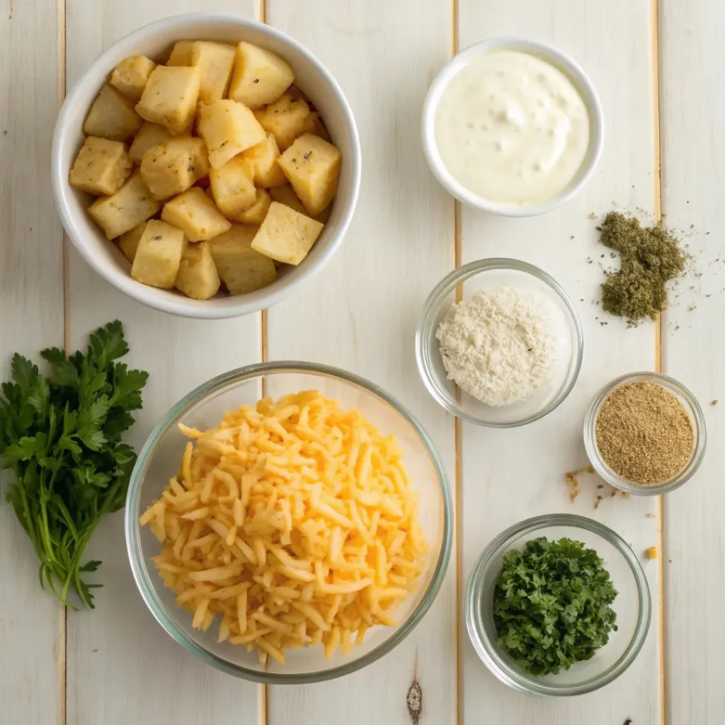 Flat lay of potatoes, cheese, and ranch seasoning