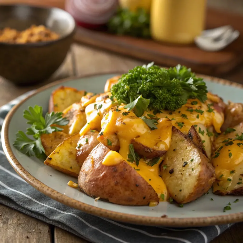 Plate of cheesy ranch potatoes garnished with parsley