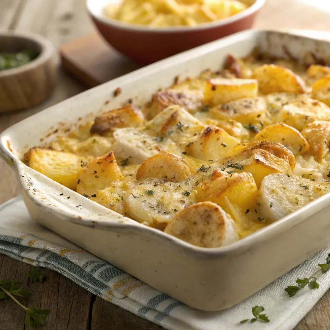 Close-up of cheesy ranch roasted potatoes in a baking dish