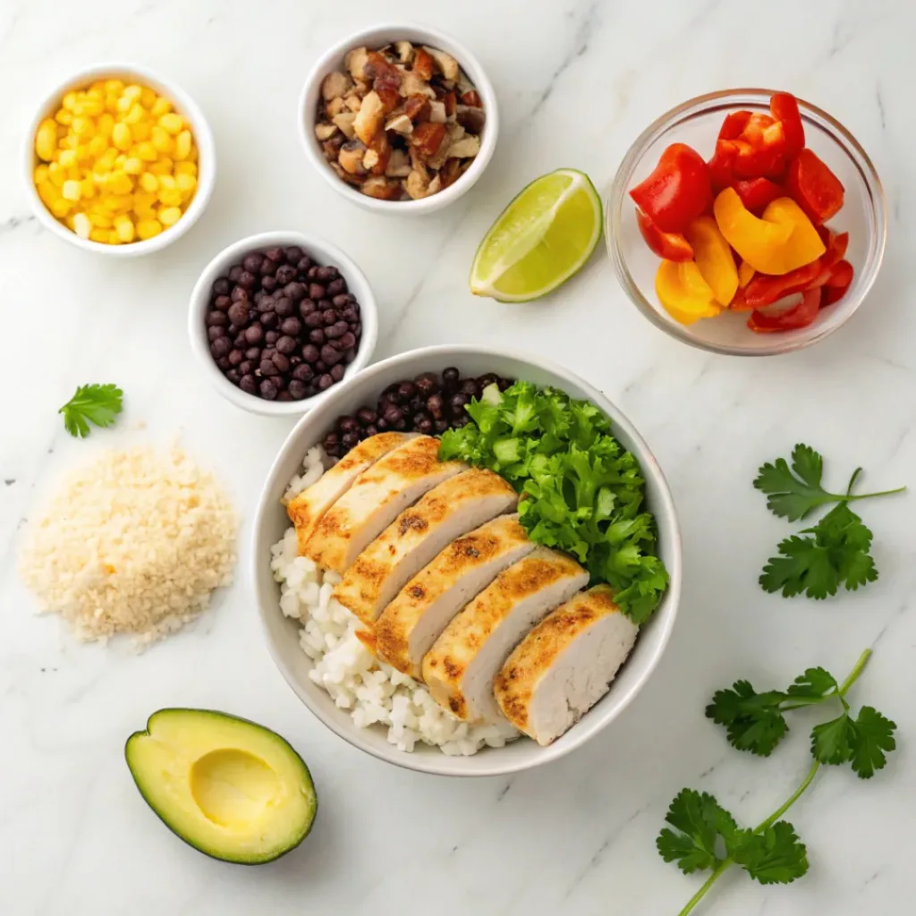 High-Protein Meal Prep Chicken Burrito Bowls 6 Flat lay of ingredients for chicken burrito bowls