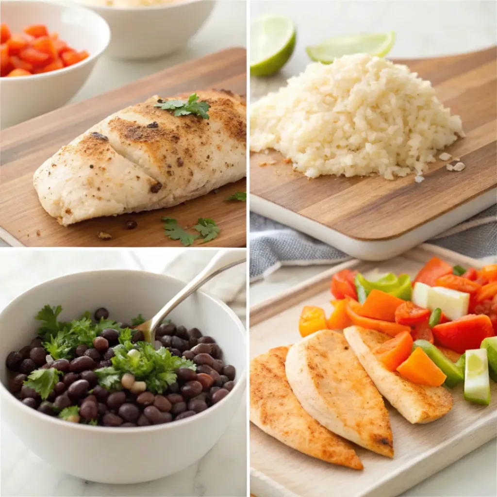 High-Protein Meal Prep Chicken Burrito Bowls 7 Step-by-step collage of making chicken burrito bowls