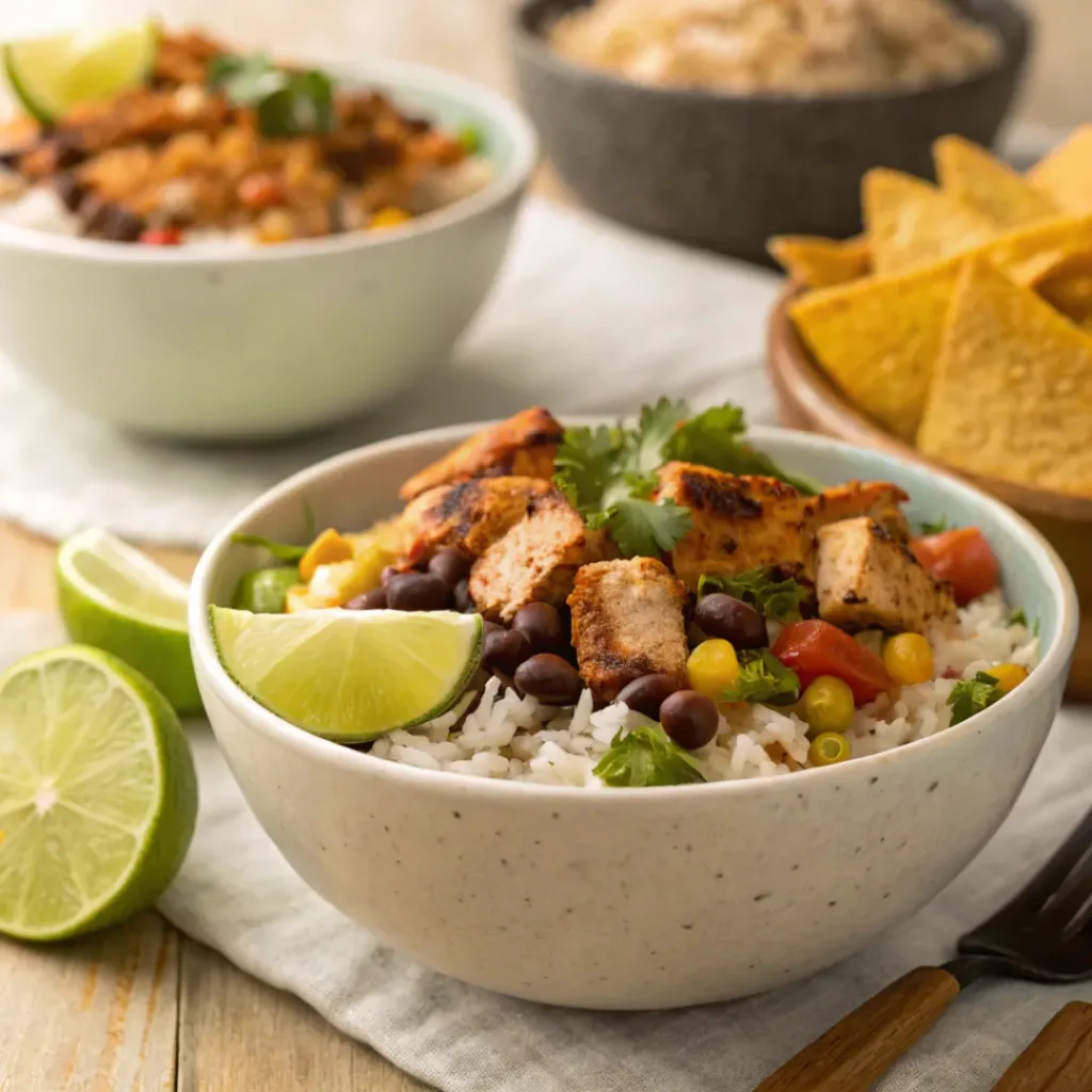 High-Protein Meal Prep Chicken Burrito Bowls 8 Chicken burrito bowls served with lime and tortilla chips