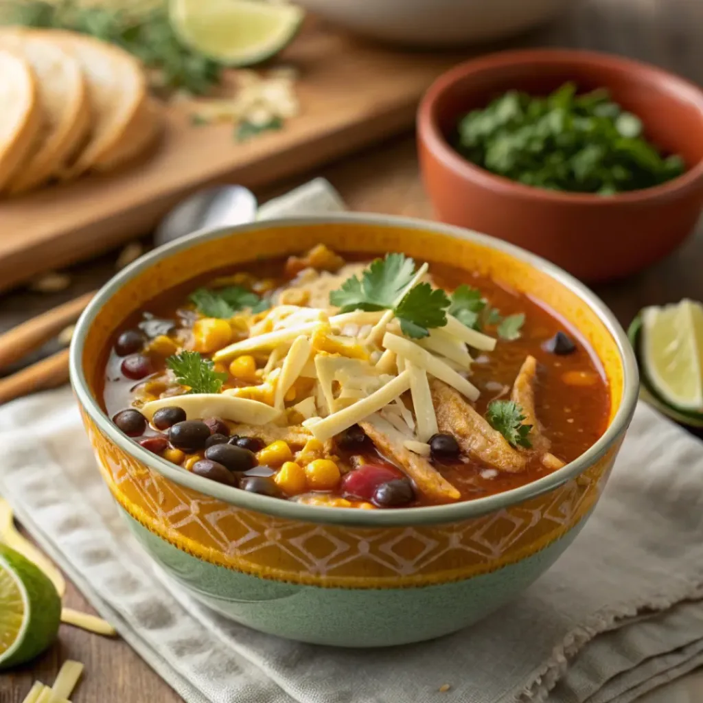 Chicken Enchilada Soup in a bowl with cheese and cilantro