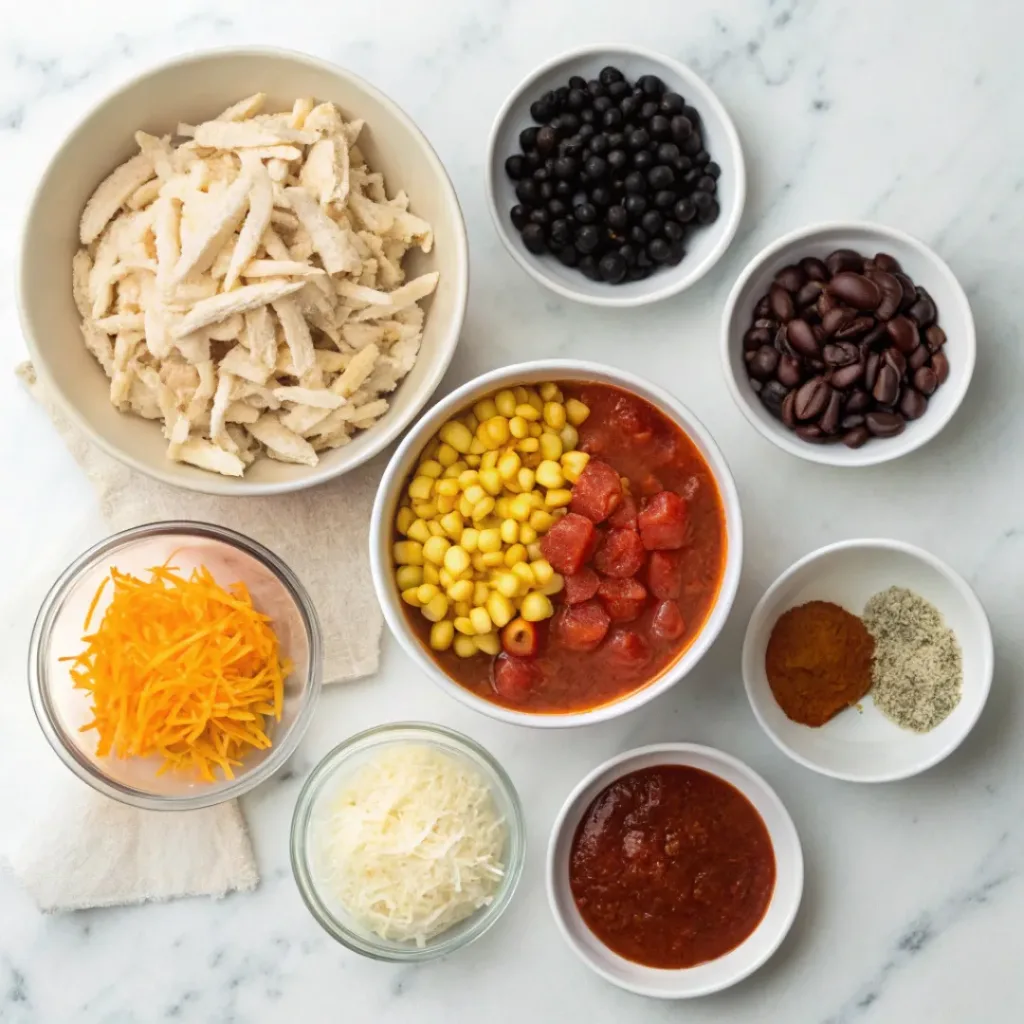 Chicken Enchilada Soup – Creamy, Spicy & Comforting 6 Chicken Enchilada Soup ingredients flat lay