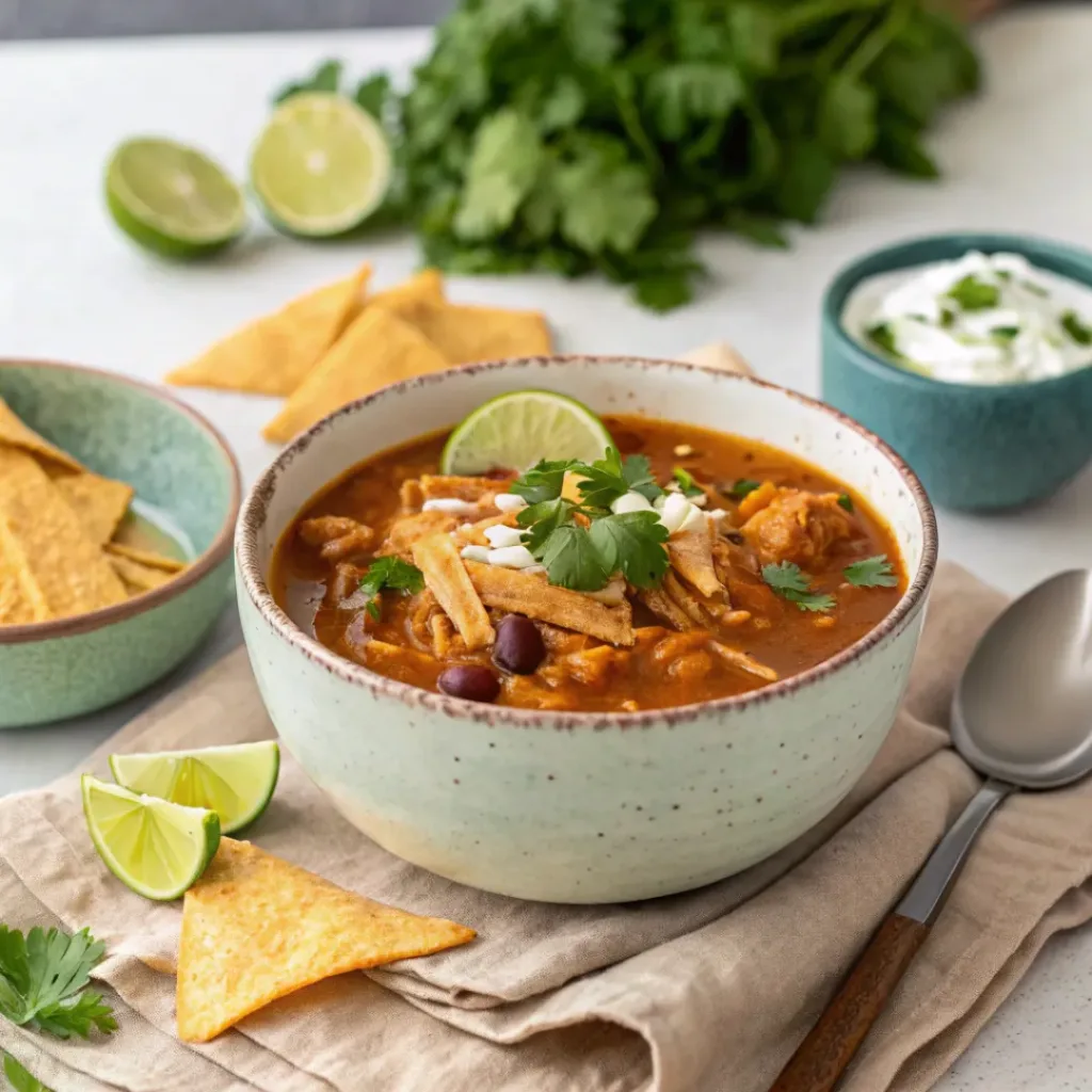 Chicken Enchilada Soup – Creamy, Spicy & Comforting 8 Chicken Enchilada Soup served with tortilla chips