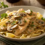 Creamy Chicken Mushroom Stroganoff served over noodles