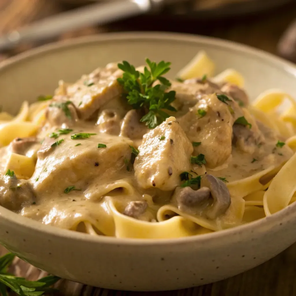 Chicken Mushroom Stroganoff – Creamy, Comforting Dinner 8 Creamy Chicken Mushroom Stroganoff served over noodles