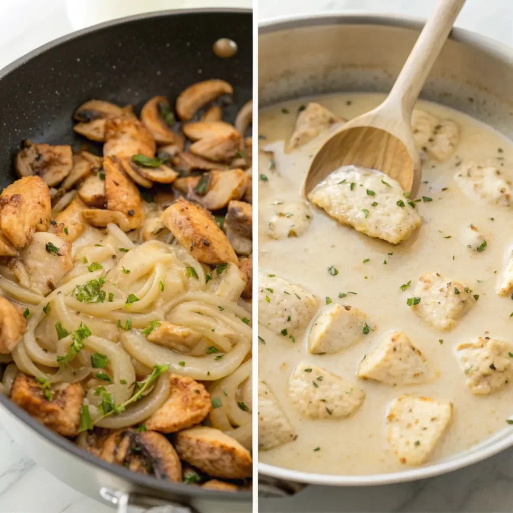 Chicken Mushroom Stroganoff – Creamy, Comforting Dinner 7 Step-by-step collage of making chicken mushroom stroganoff