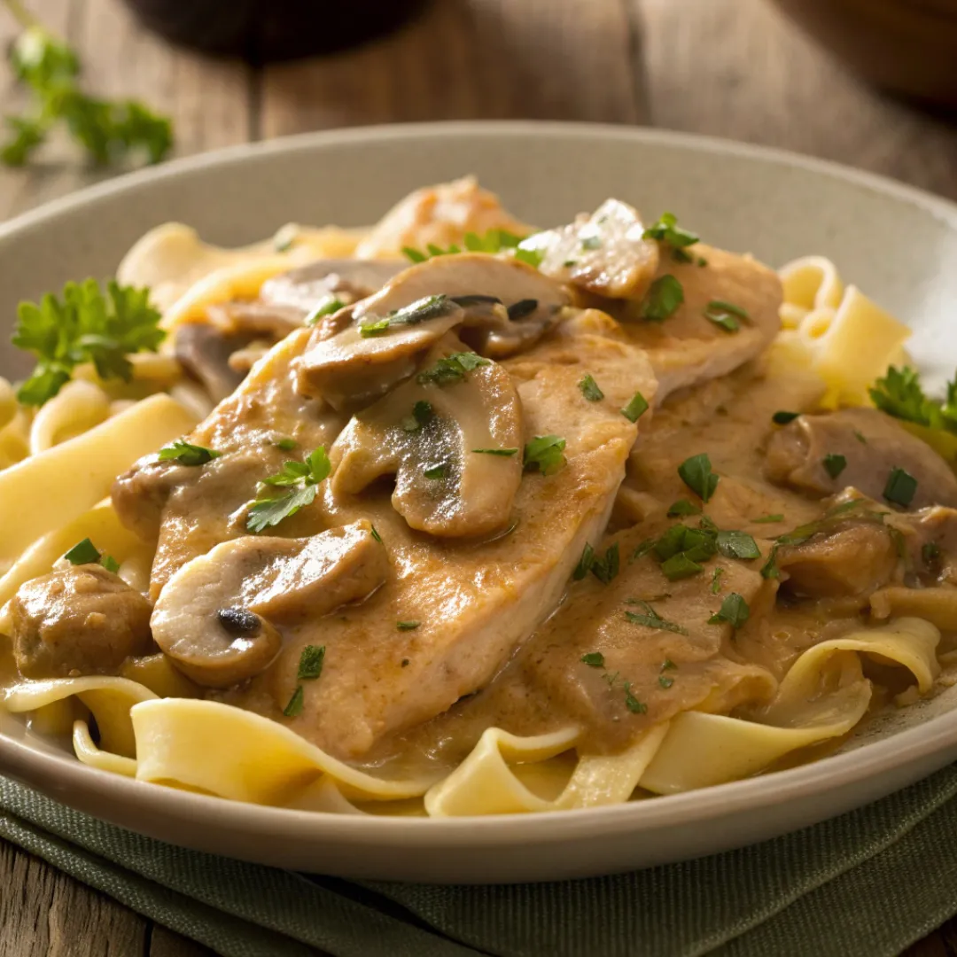 Creamy Chicken Mushroom Stroganoff served over noodles