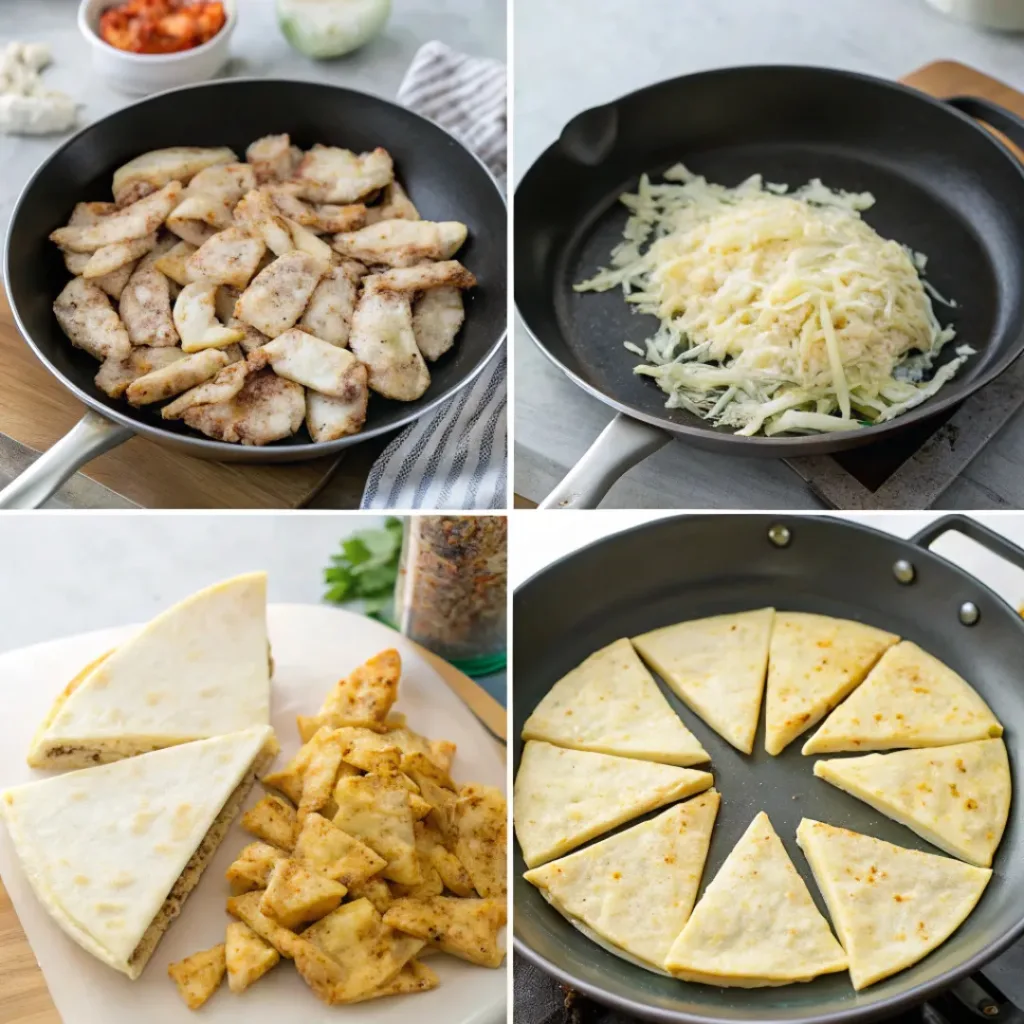 Crispy Chicken Quesadillas Loaded with Cheese 7 Cheesy Chicken Quesadillas ingredients flat lay