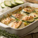 Golden baked Chicken Zucchini Bake in a ceramic dish with melted cheese.