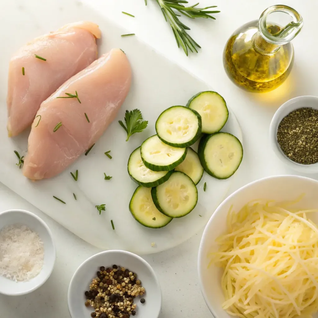 Chicken Zucchini Bake – Easy, Healthy, and Flavorful 6 Flat lay of ingredients for Chicken Zucchini Bake.