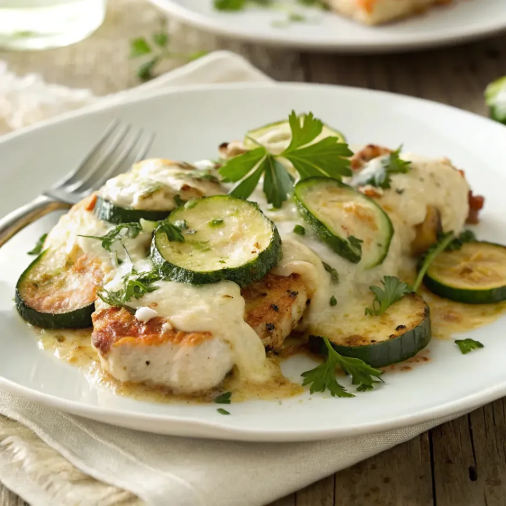 Chicken Zucchini Bake – Easy, Healthy, and Flavorful 8 Plated Chicken Zucchini Bake with cheese and zucchini visible.
