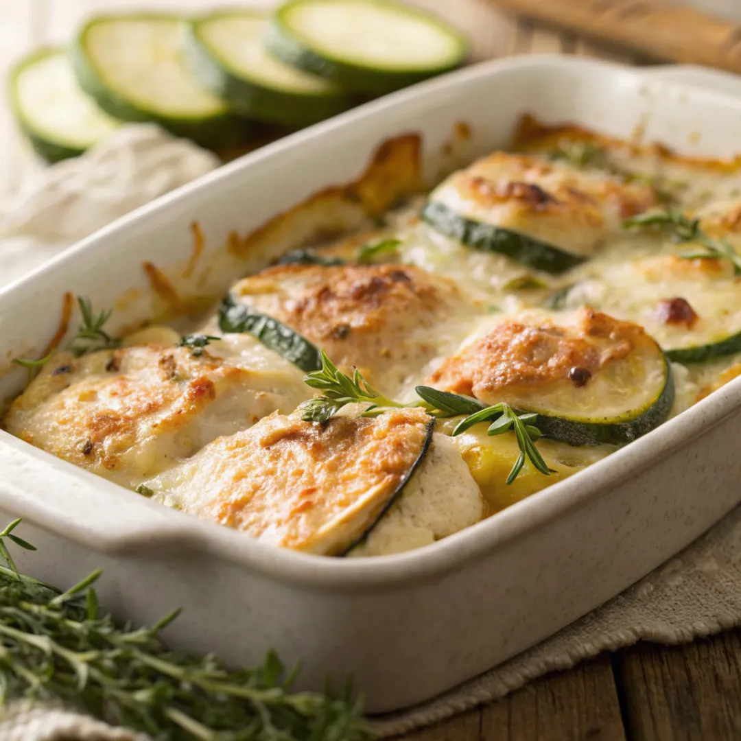 Golden baked Chicken Zucchini Bake in a ceramic dish with melted cheese.
