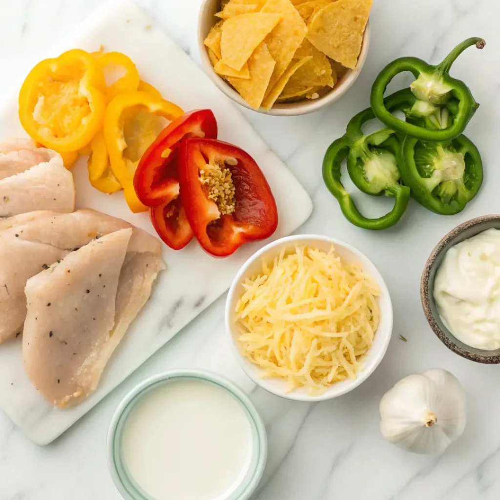 Chicken Fajita Queso Dip ingredients flat lay