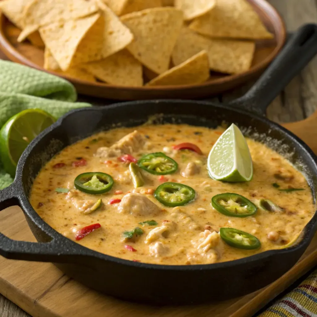 Chicken Fajita Queso Dip served with tortilla chips