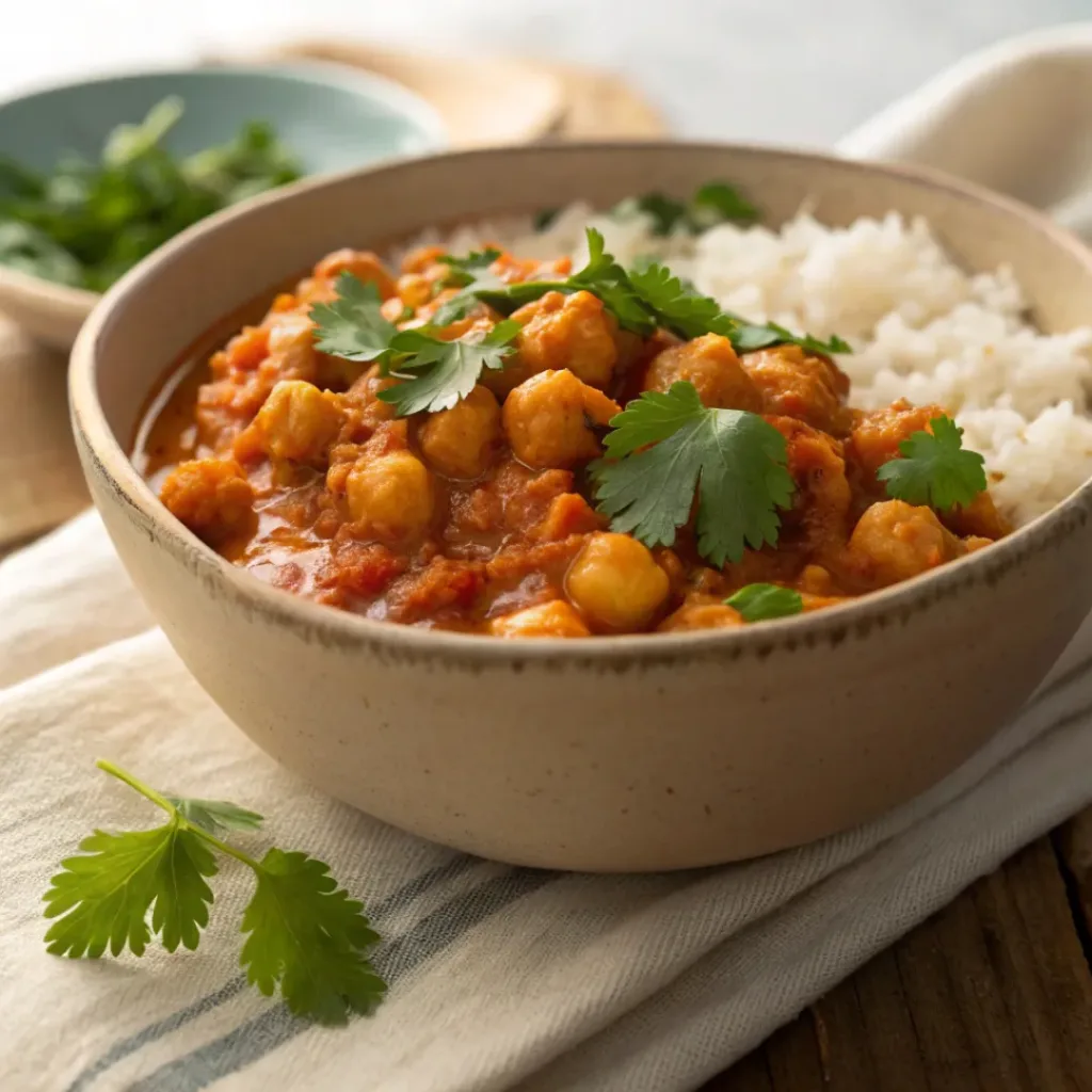 Chickpea Curry in bowl with rice
