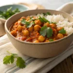 Chickpea Curry in bowl with rice