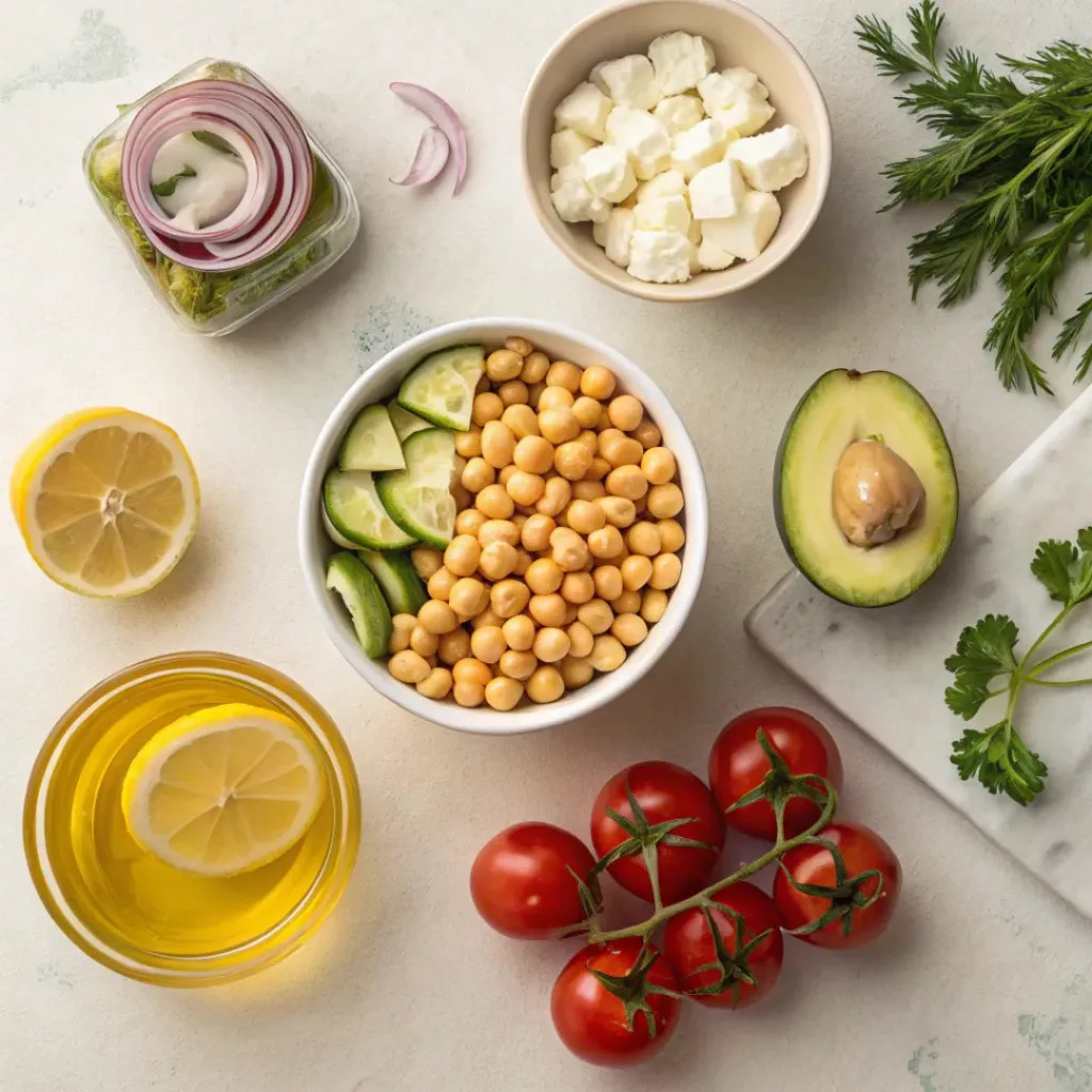 Chickpea Feta Avocado Salad ingredients flat lay