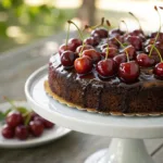 Close-up of Chocolate Cherry Upside Down Cake with caramelized cherries