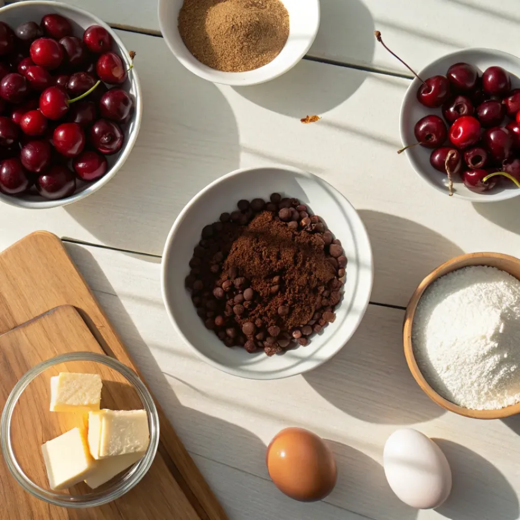 Flat lay of Chocolate Cherry Upside Down Cake ingredients