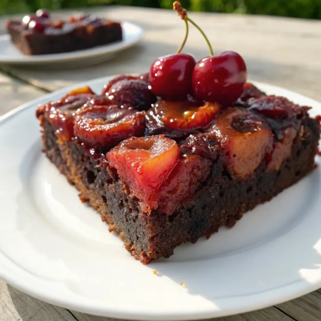 Slice of Chocolate Cherry Upside Down Cake on plate