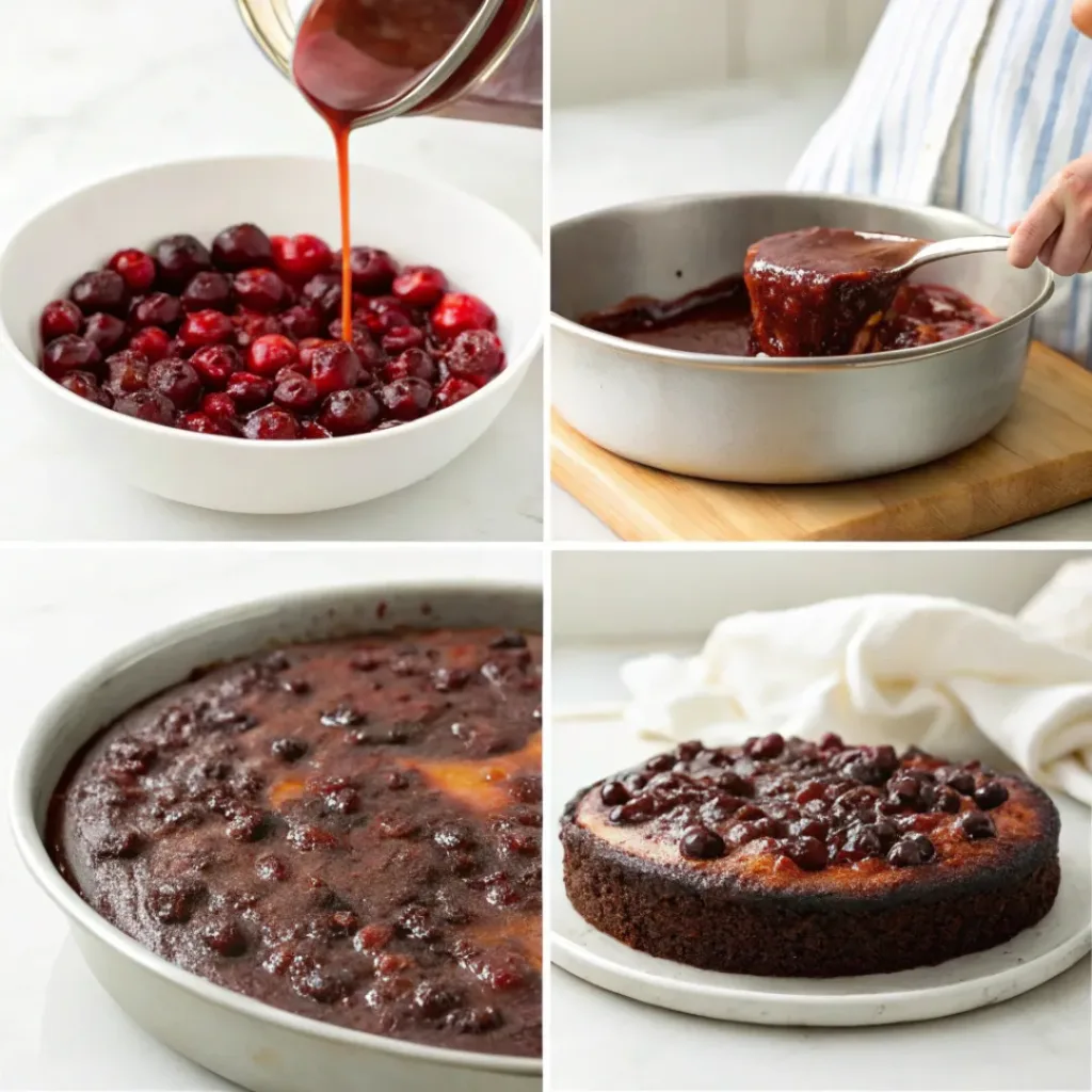 Collage of making Chocolate Cherry Upside Down Cake