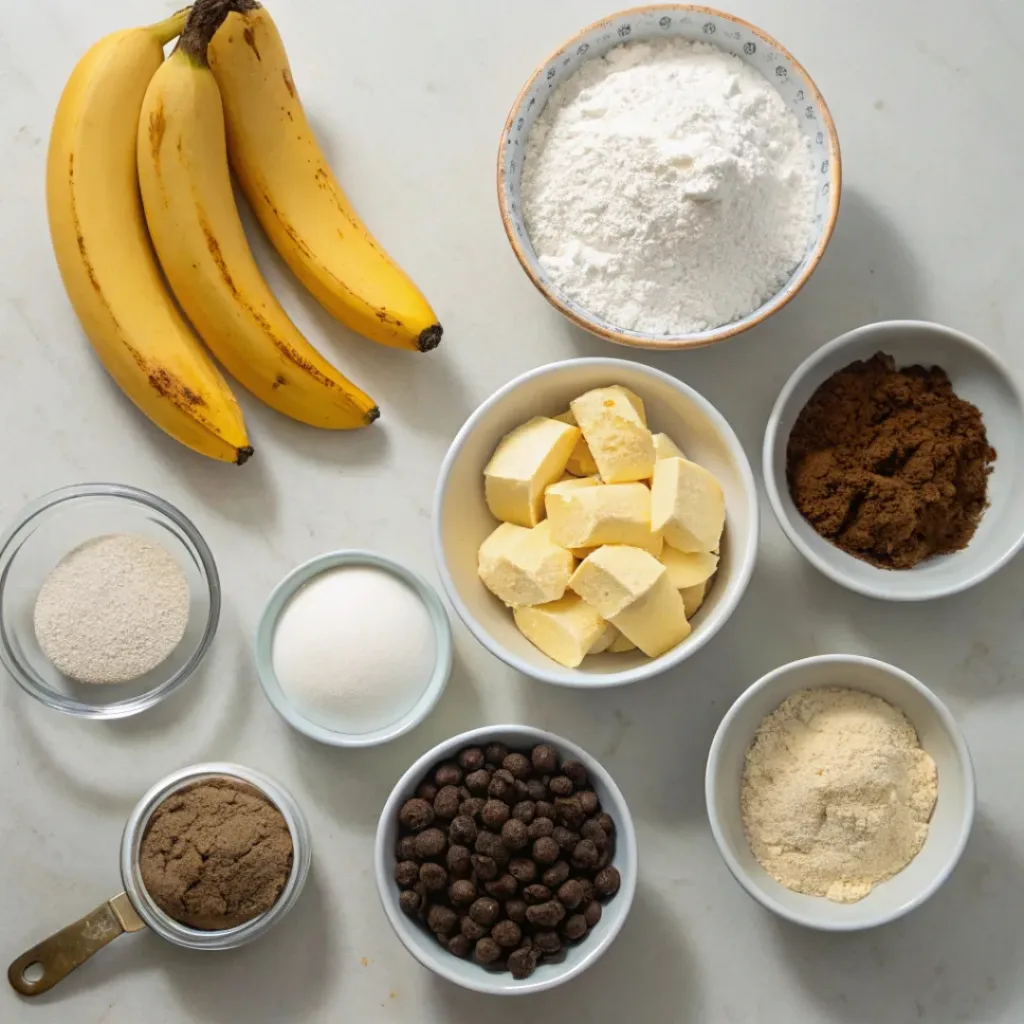 Chocolate Chip Banana Bread – Moist, Sweet & Easy 6 Chocolate Chip Banana Bread ingredients flat lay