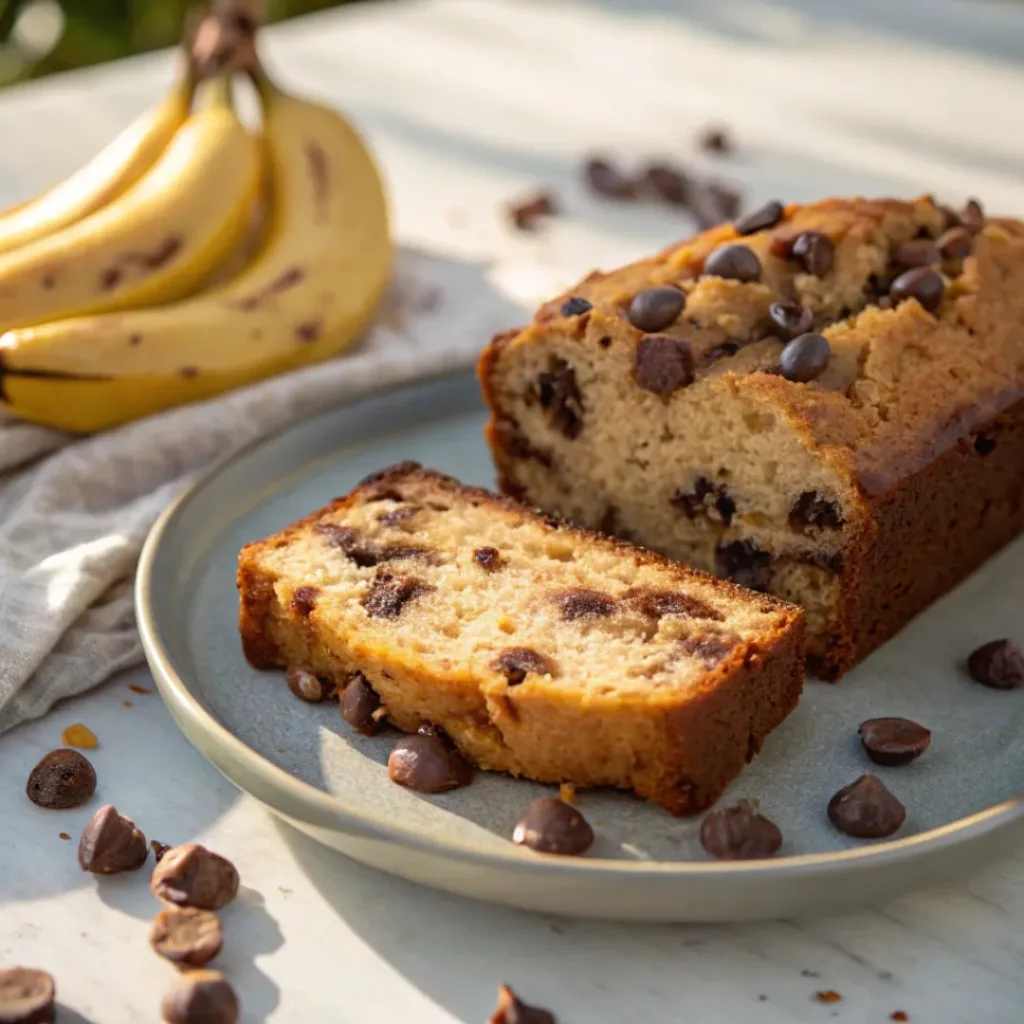 Chocolate Chip Banana Bread – Moist, Sweet & Easy 8 Served Chocolate Chip Banana Bread slice