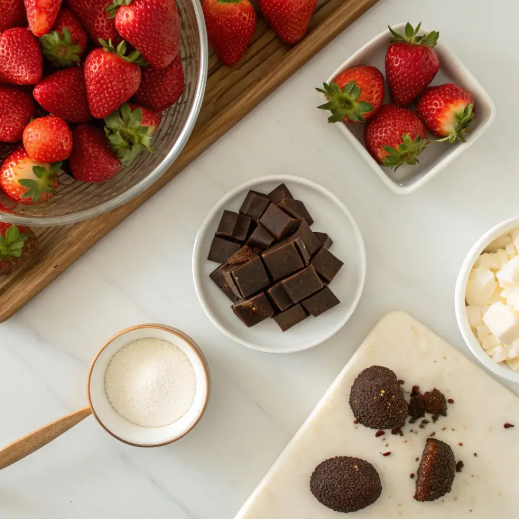Chocolate Covered Strawberries ingredients flat lay