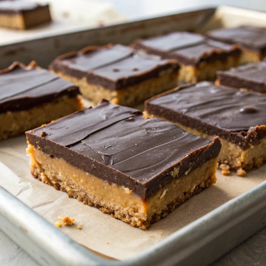 No Bake Chocolate Peanut Butter Bars on tray
