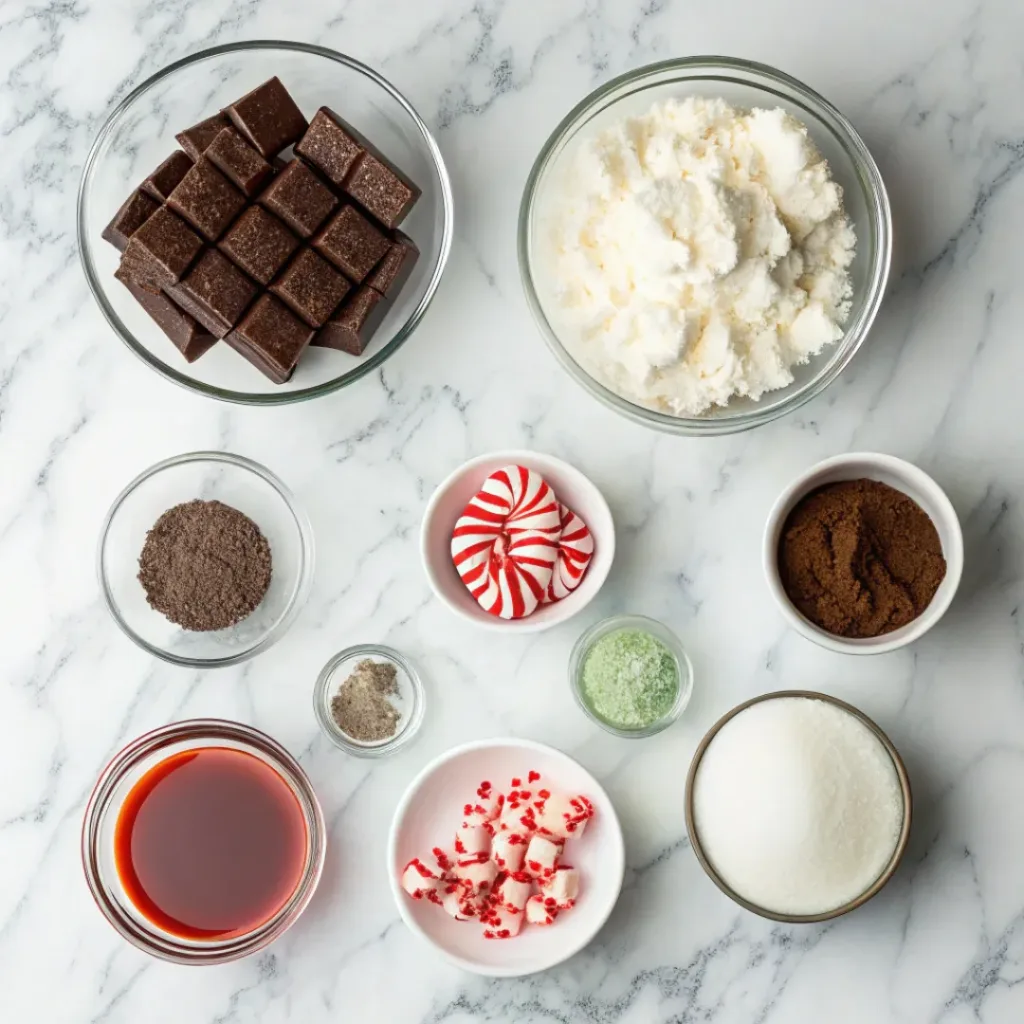 Flat lay of ingredients for chocolate peppermint mousse