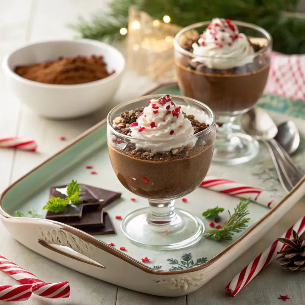 Chocolate Peppermint Mousse served with crushed peppermint garnish