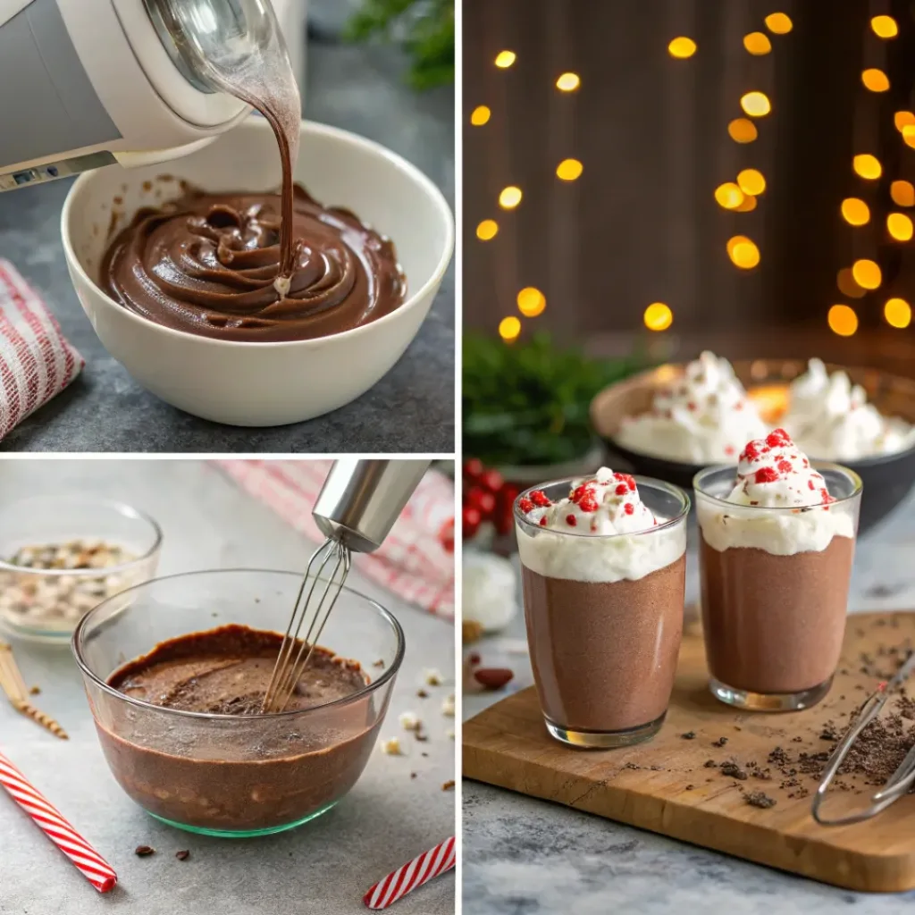 Step-by-step collage of making chocolate peppermint mousse