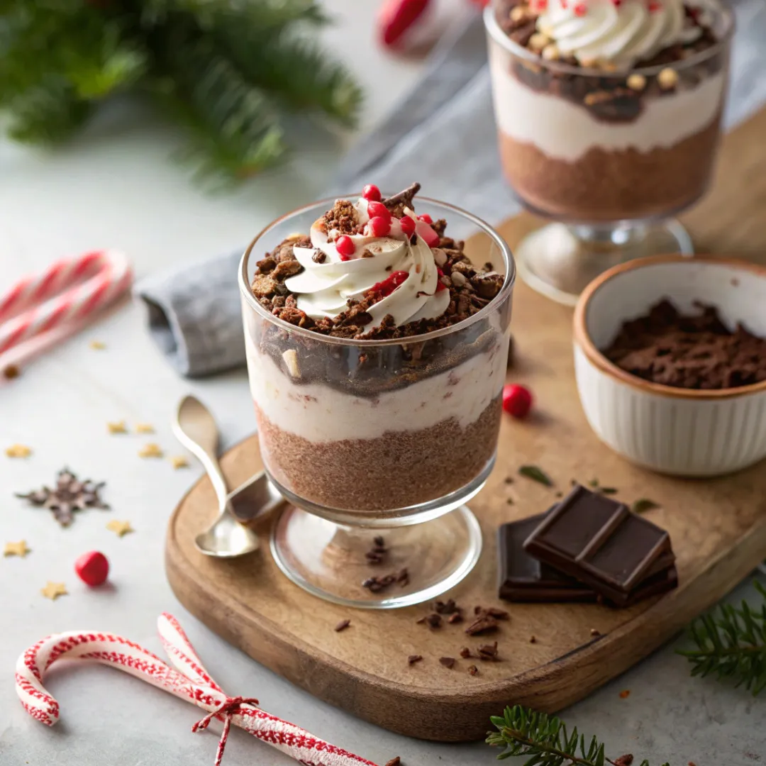 Chocolate Peppermint Mousse topped with whipped cream and peppermint