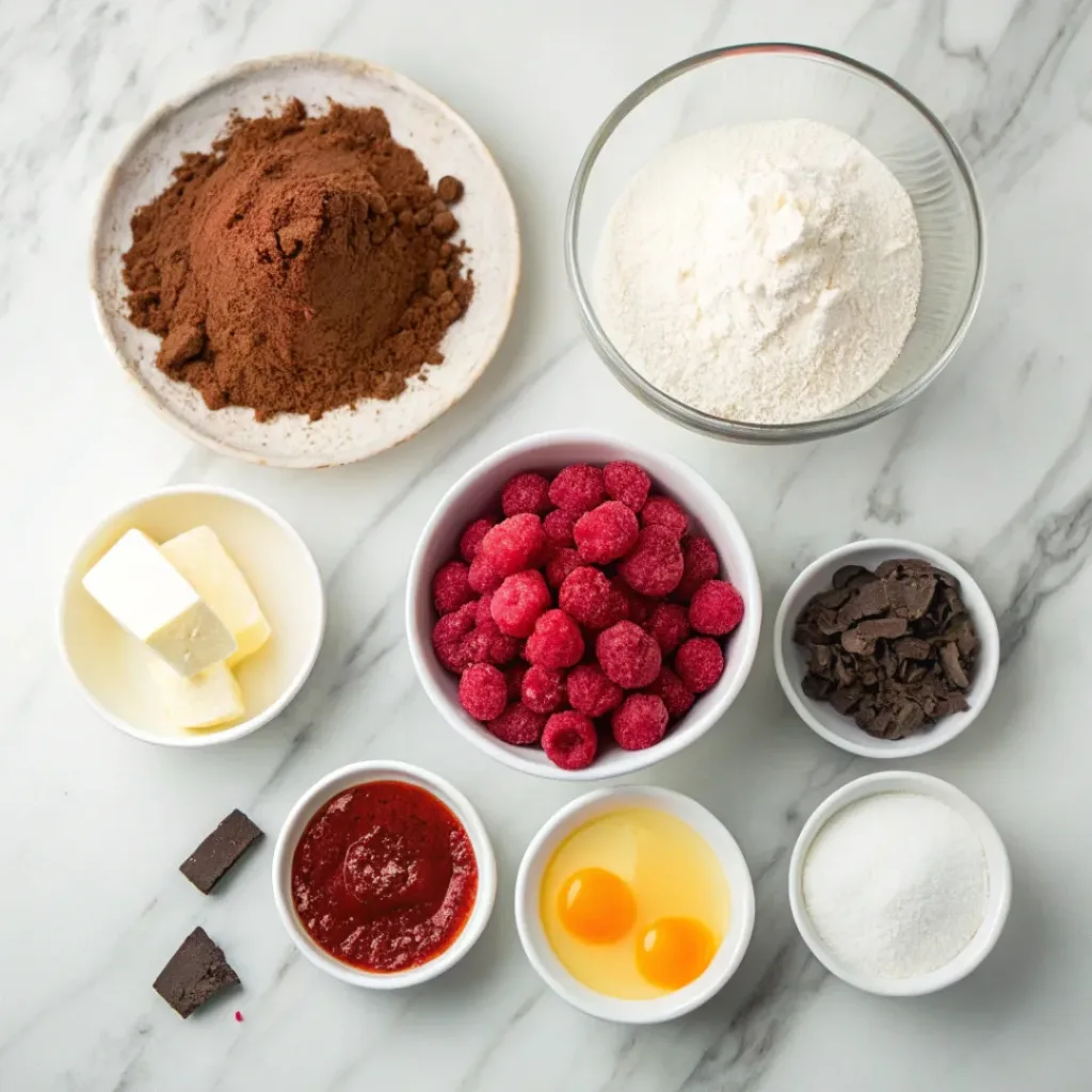 Flat lay of chocolate raspberry crinkle cookie ingredients
